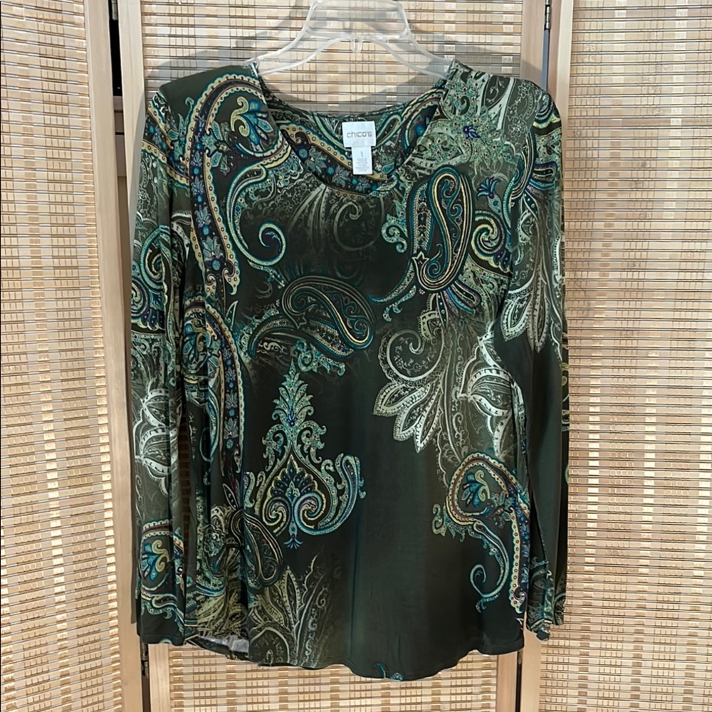 Chico's Olive Paisley Long Sleeved Rayon Tee Sz 1
